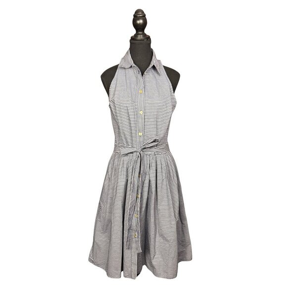 Michael Kors Halter Midi Dress Blue White Striped Size 8 Tie Waist Button Front - Picture 1 of 9